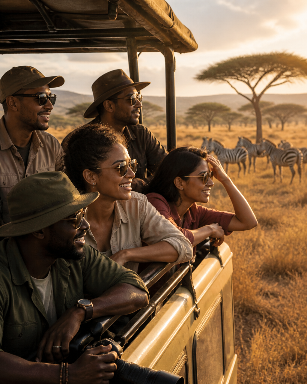 Group of friends spotting zebras from a safari jeep in Kenya