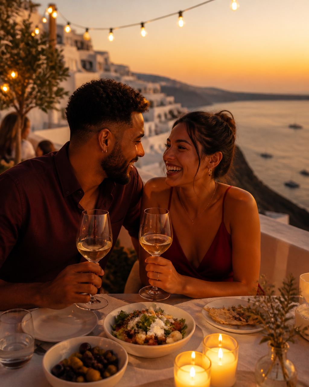 Couple enjoying a sunset dinner on a Greek island overlooking the sea