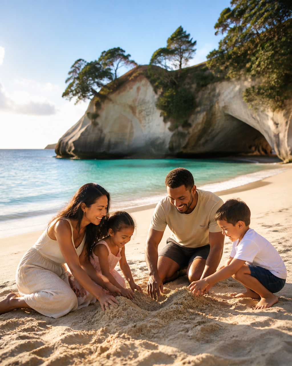 Family building sandcastles on a New Zealand beach with mountains behind