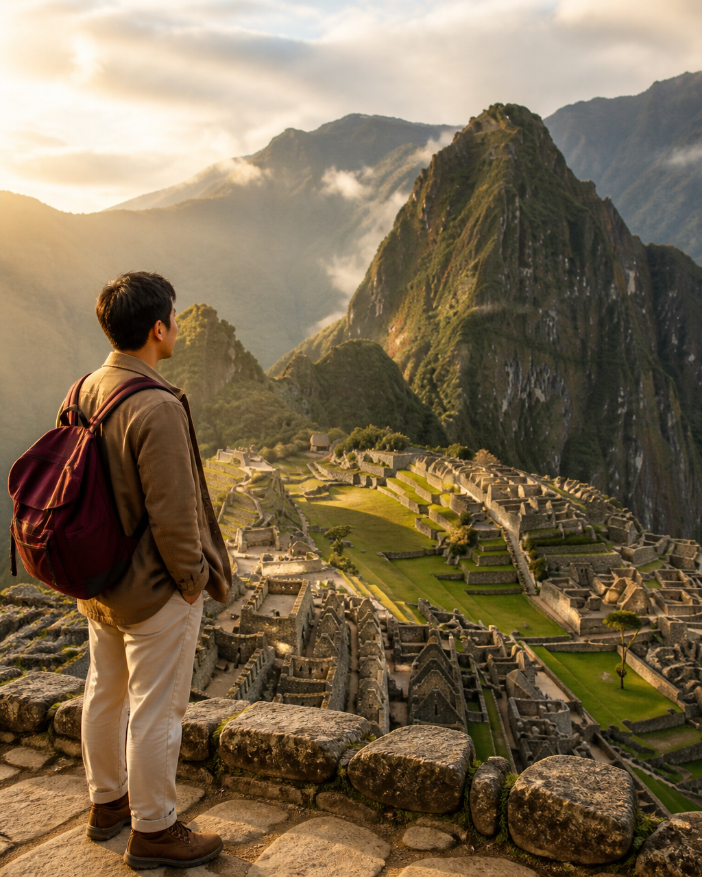 Solo traveler overlooking the ancient ruins of Machu Picchu in Peru